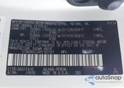 2024 Toyota Sienna Le z USA, uszkodzony, nr VIN 5TDKRKEC4RS193101